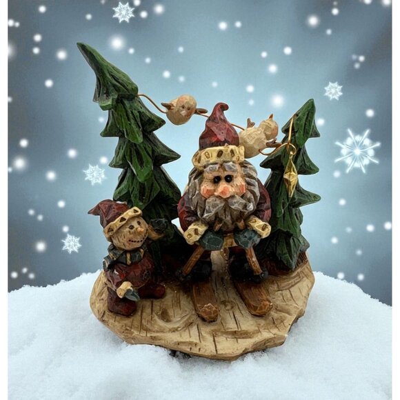 Santa Claus Skiing Christmas Figurine Snowman in Pine Trees Rustic - Picture 1 of 8